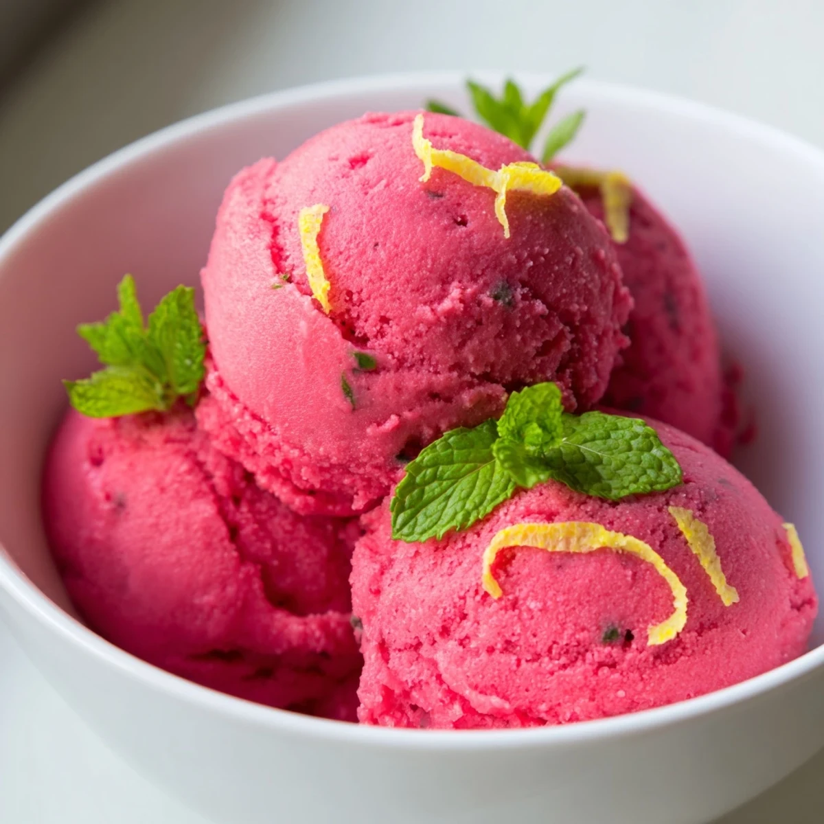 Scoops of vibrant Pink Lemonade Sorbet with Mint on a frosted dessert plate, garnished with lemon zest for a zesty finish.