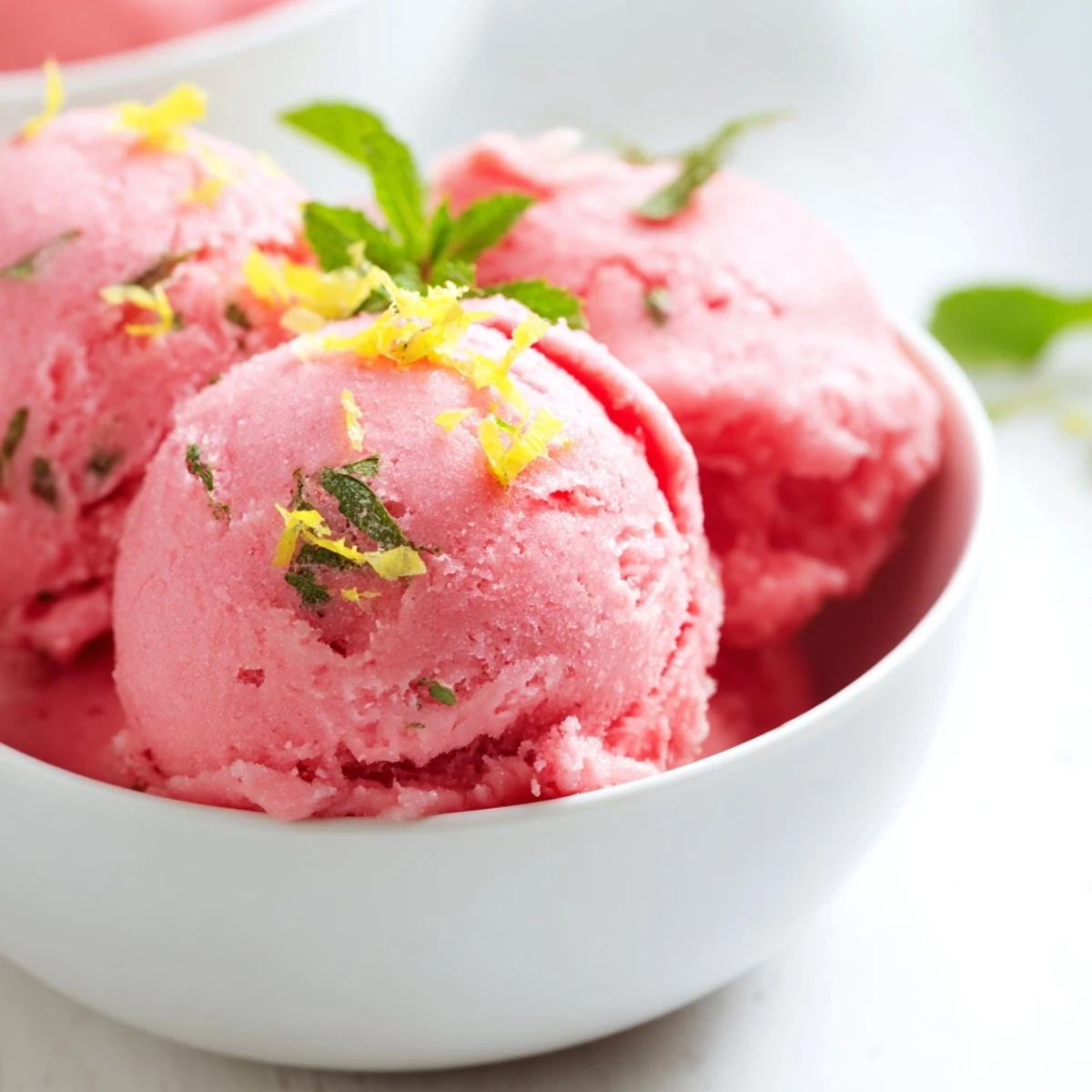 Close-up of Pink Lemonade Sorbet with Mint in a glass, showing fluffy texture and a refreshing mint leaf topping.