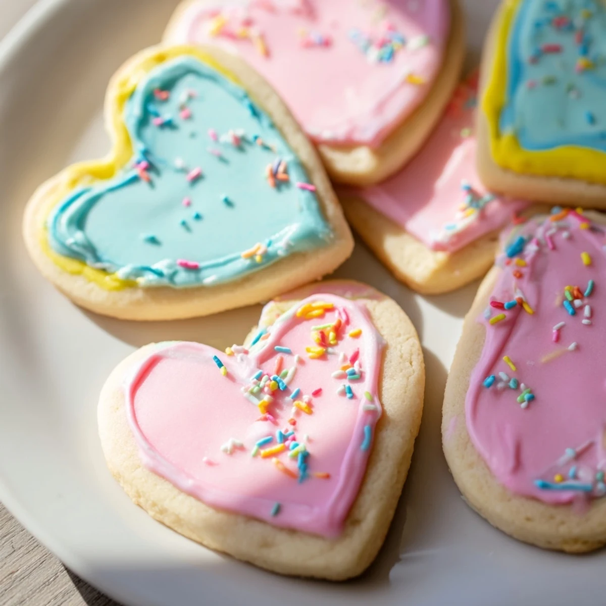 Heart Shaped Sugar Cookies with Icing are arranged on a white plate with rainbow sprinkles, showcasing their tender crumb and colorful glaze.