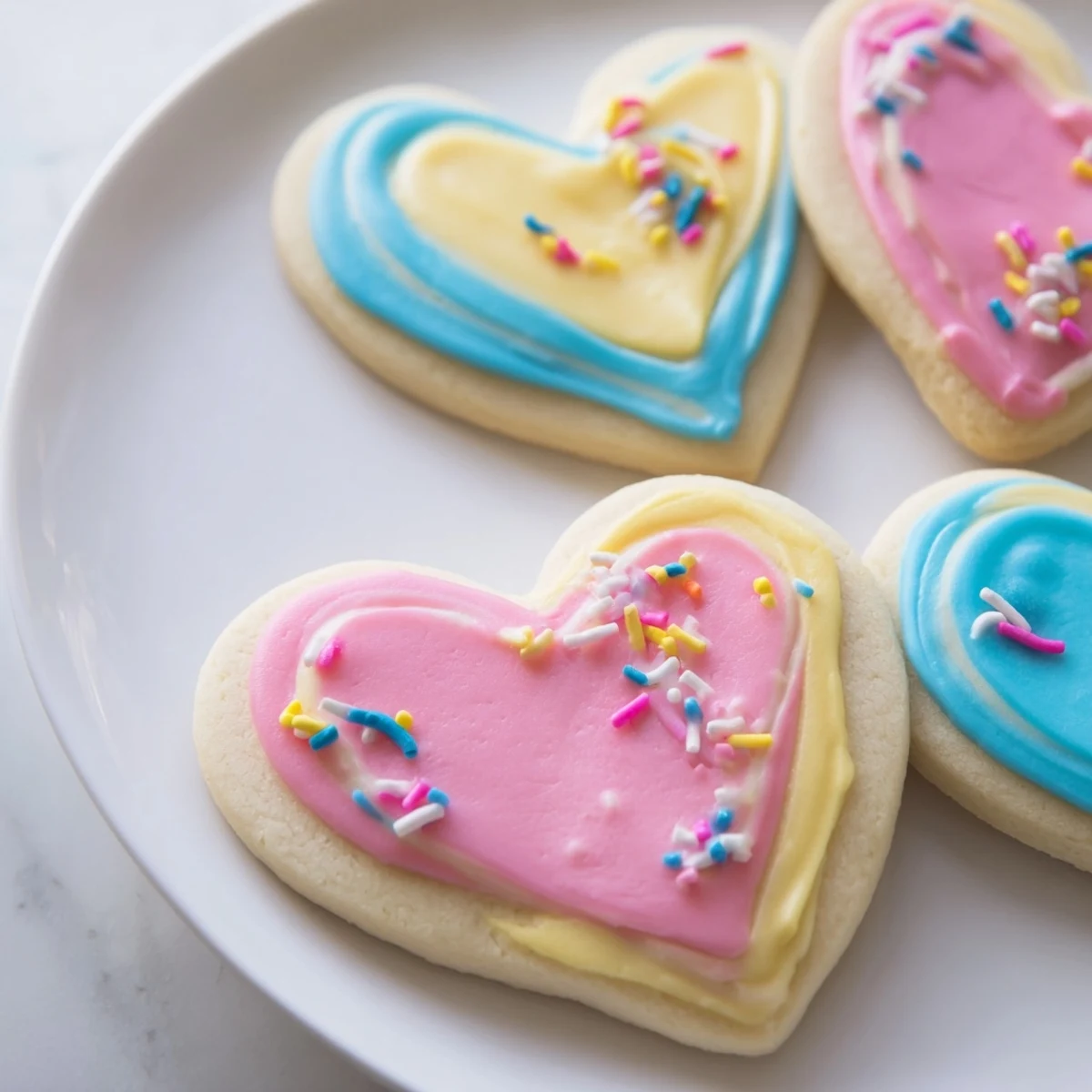 A close-up of Heart Shaped Sugar Cookies with Icing reveals glossy, pink and yellow glaze dripping slightly onto a cooling rack.