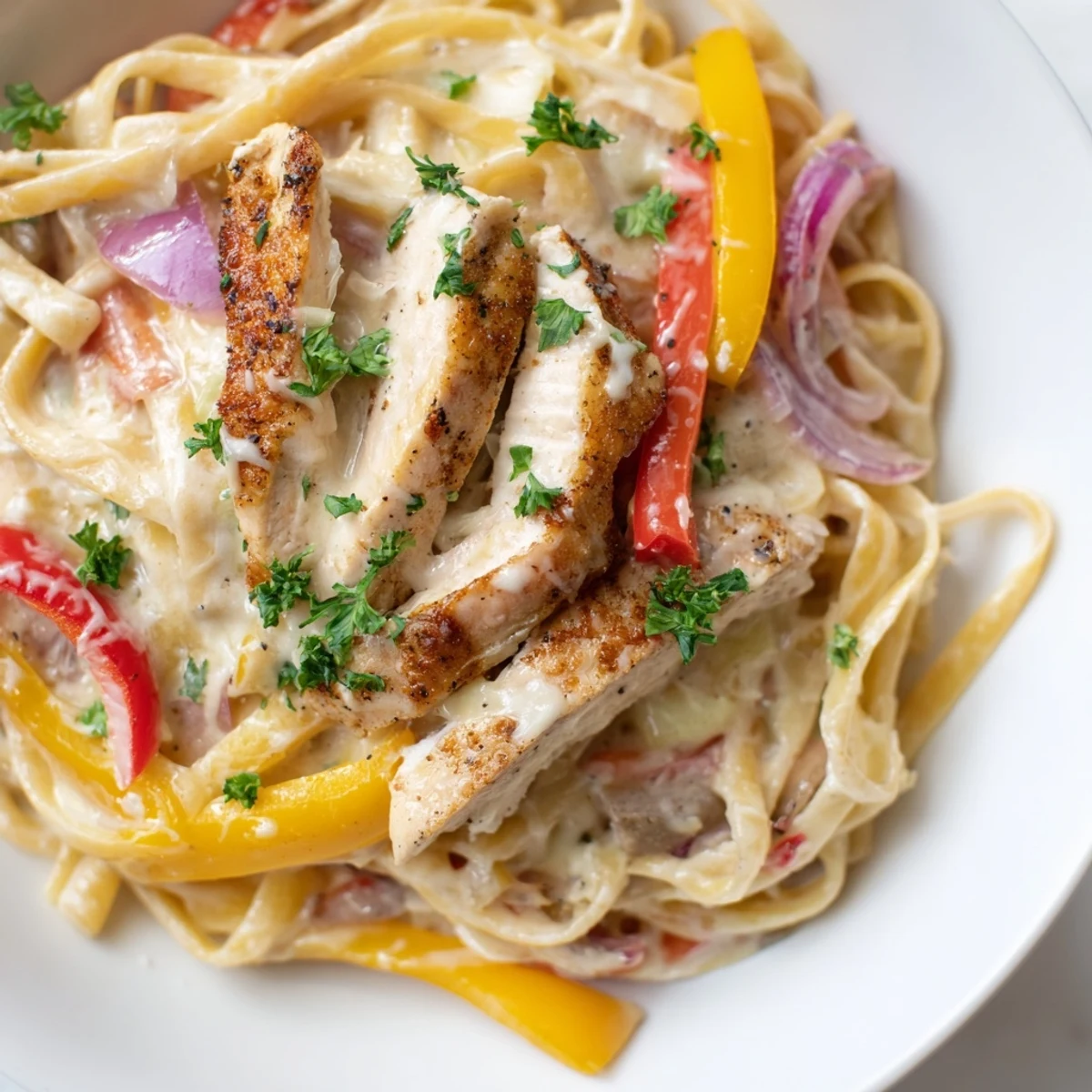 Cajun Chicken Alfredo with Peppers is plated with creamy sauce, colorful bell peppers, and tender chicken slices. 