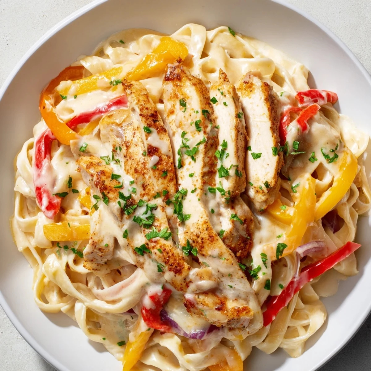 Steaming fettuccine tossed with rich Alfredo, spicy Cajun chicken, and vibrant bell peppers on a rustic dinner plate. 