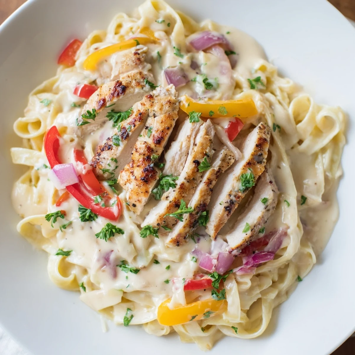Cajun Chicken Alfredo with Peppers garnished with fresh parsley, served warm with grated Parmesan and a fork ready to dig in.