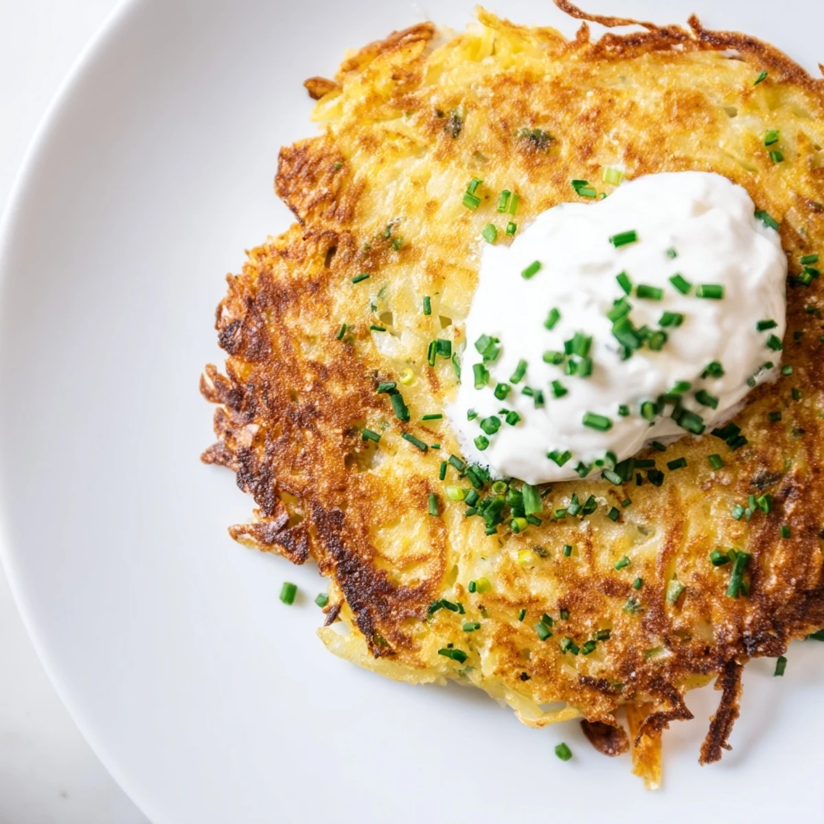 Golden brown Irish Boxty Potato Pancakes with sour cream and fresh chives served hot on a plate.