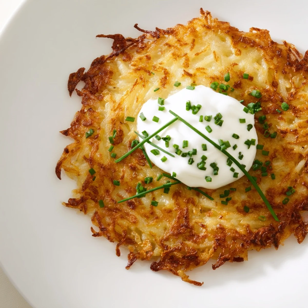A stack of crisp Irish Boxty Potato Pancakes topped with sour cream and chopped chives.