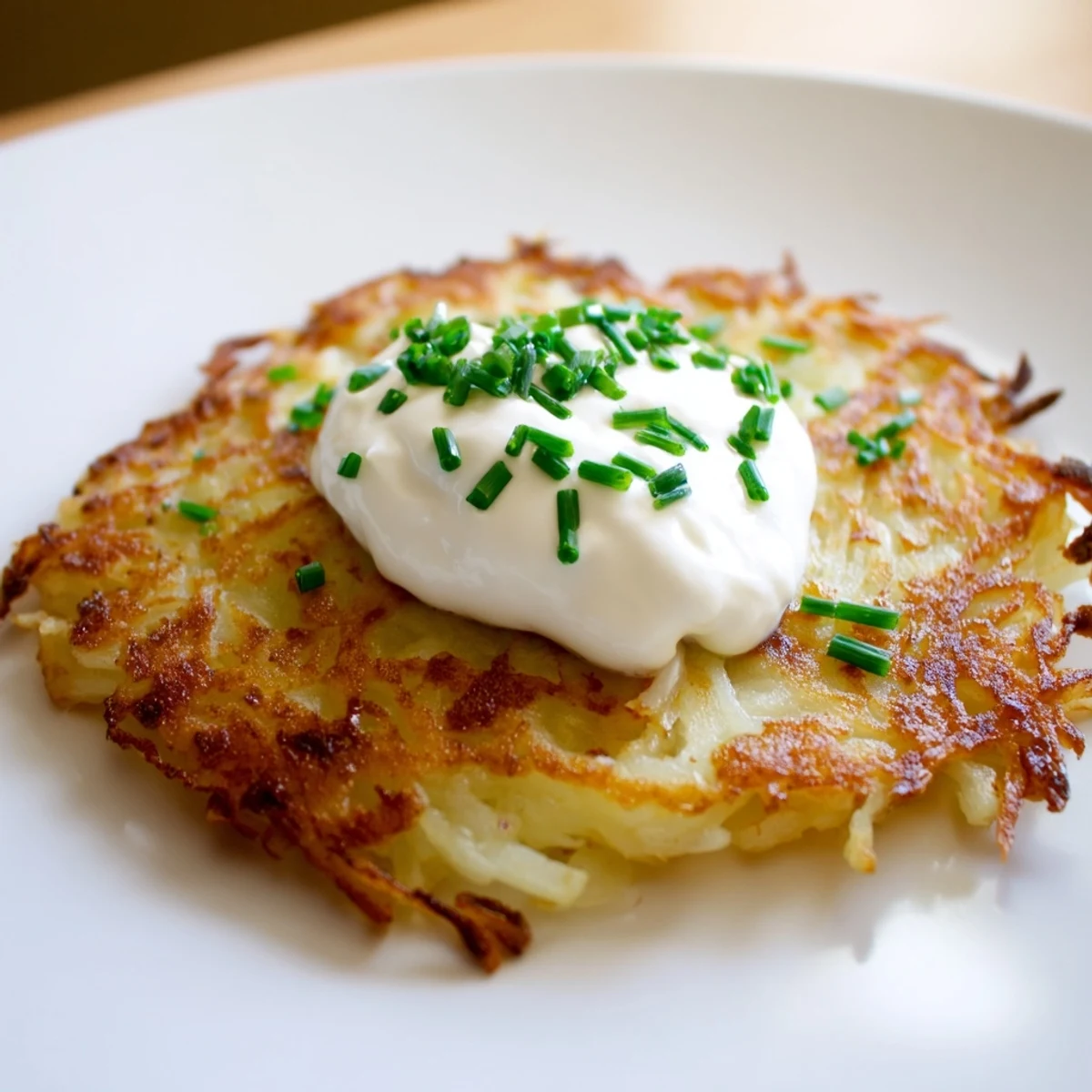 Warm Irish Boxty Potato Pancakes on a plate with a dollop of sour cream and chives.