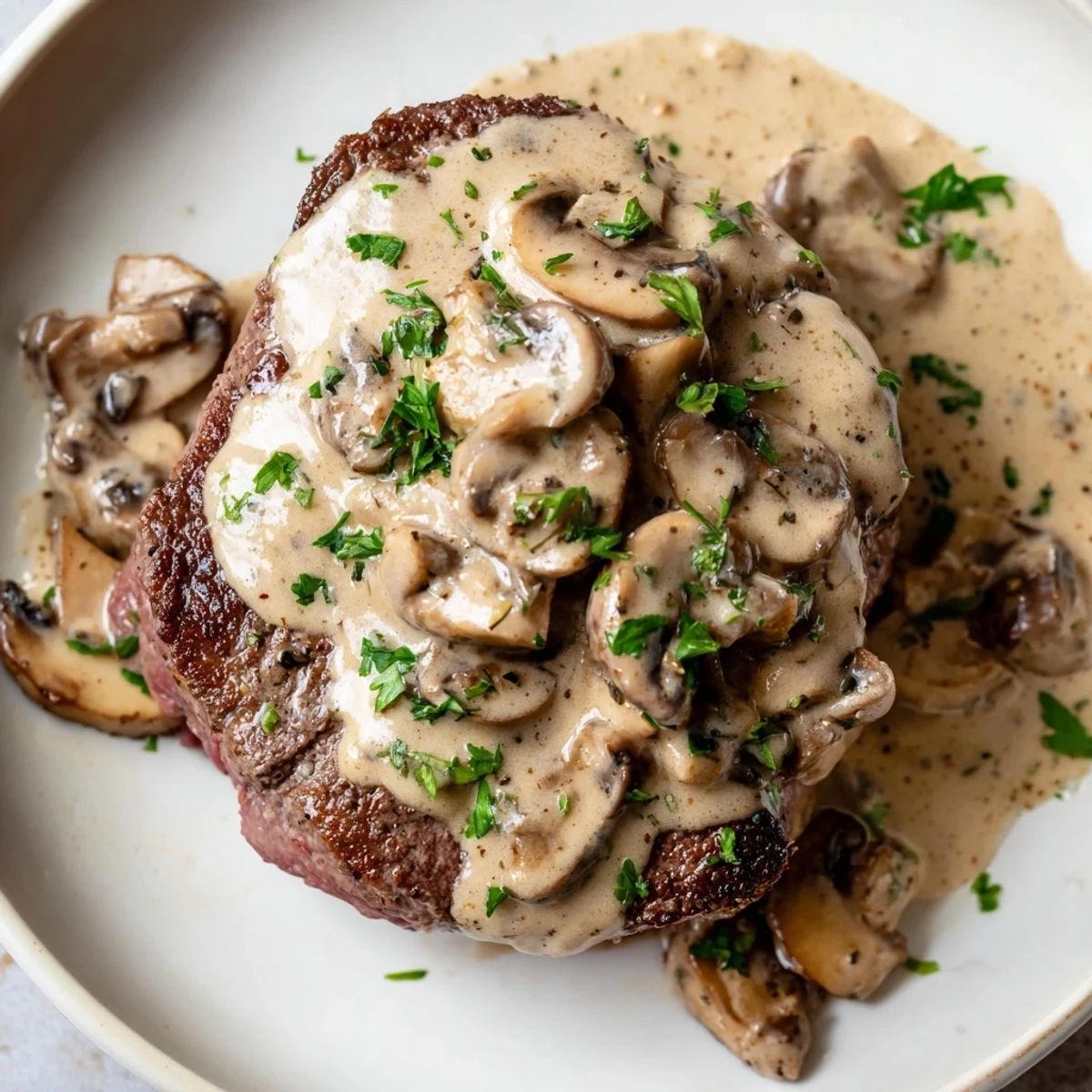 Golden, pan-seared Steak Diane with mushroom sauce, garnished with fresh parsley and served alongside creamy mashed potatoes for a classic steakhouse dinner.