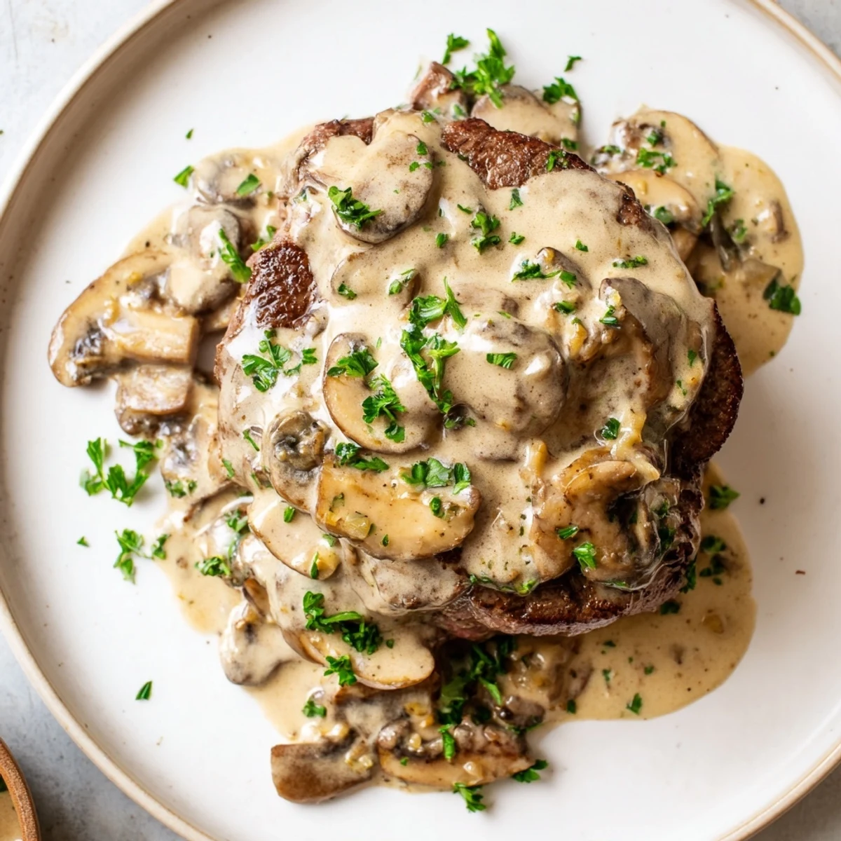 Tender Steak Diane swimming in creamy mushroom sauce, ready to serve with green beans and potatoes for an elegant weeknight meal.