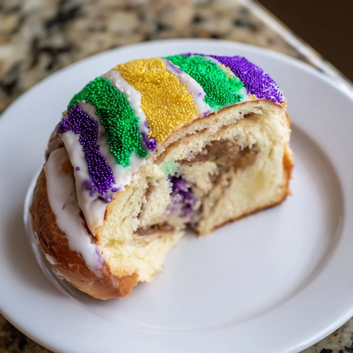 Freshly baked Mardi Gras King Cake with colorful icing and cinnamon sugar swirls on a festive table.