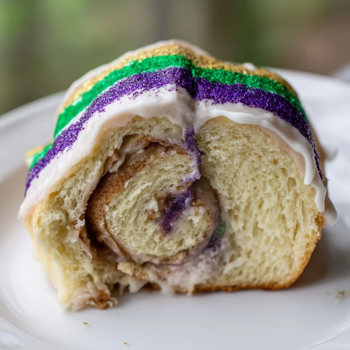 Warm Mardi Gras King Cake drizzled with icing and sprinkled with sanding sugars on a wire rack.