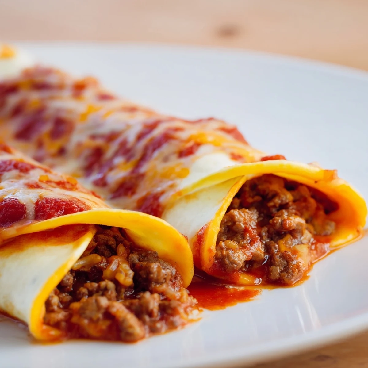 Golden-brown Championship Beef Enchiladas with Red Sauce are baked until bubbling with melted cheese in a casserole dish.