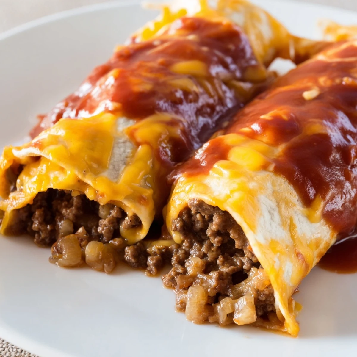 Fresh cilantro garnishes Championship Beef Enchiladas with Red Sauce and melted cheese, ready to be served with Mexican rice.