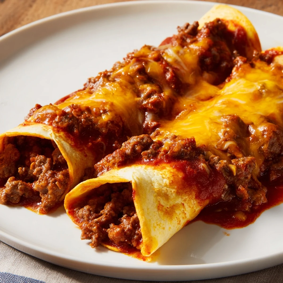 Tender beef filling and spicy red chili sauce fill these classic Championship Beef Enchiladas, served hot for a festive meal.