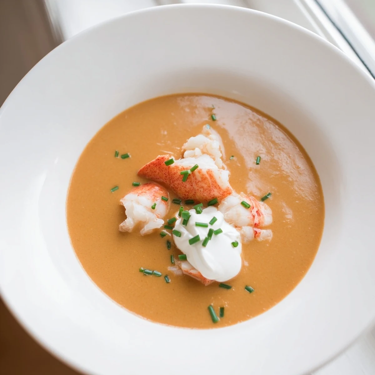 Creamy Romantic Lobster Bisque with Sherry Vinegar served warm in a white bowl, garnished with fresh chives and a swirl of crème fraîche.