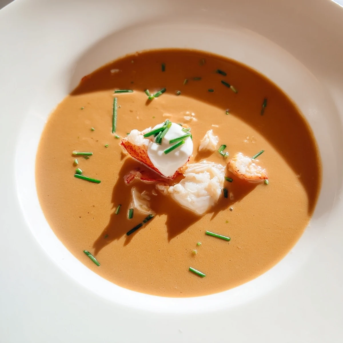 Elegant Romantic Lobster Bisque simmering in a pot, featuring rich aromatics and a splash of sherry vinegar for a special occasion.