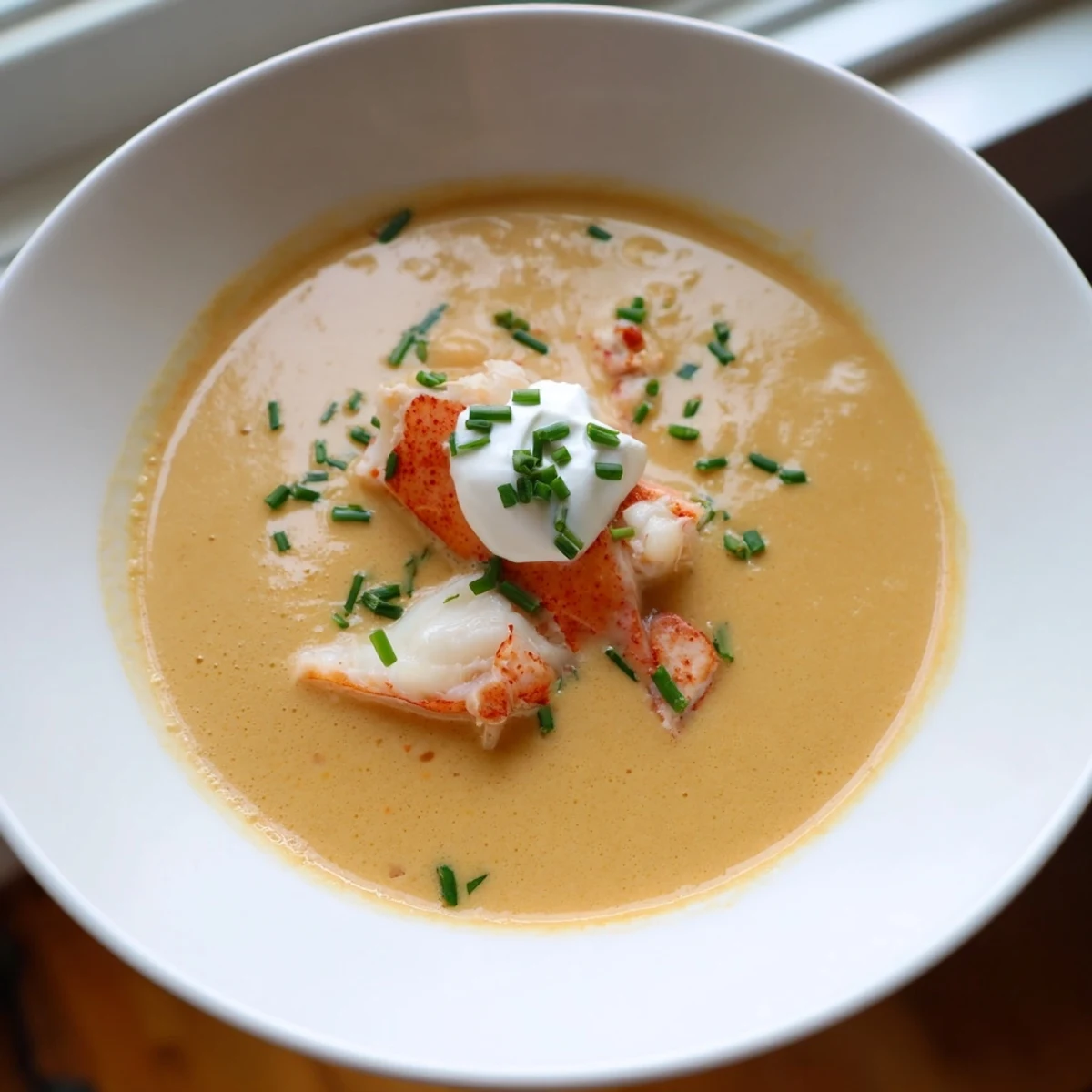 Silky Romantic Lobster Bisque ladled into porcelain bowls, garnished with chopped chives and paired with crusty artisan bread for dipping.