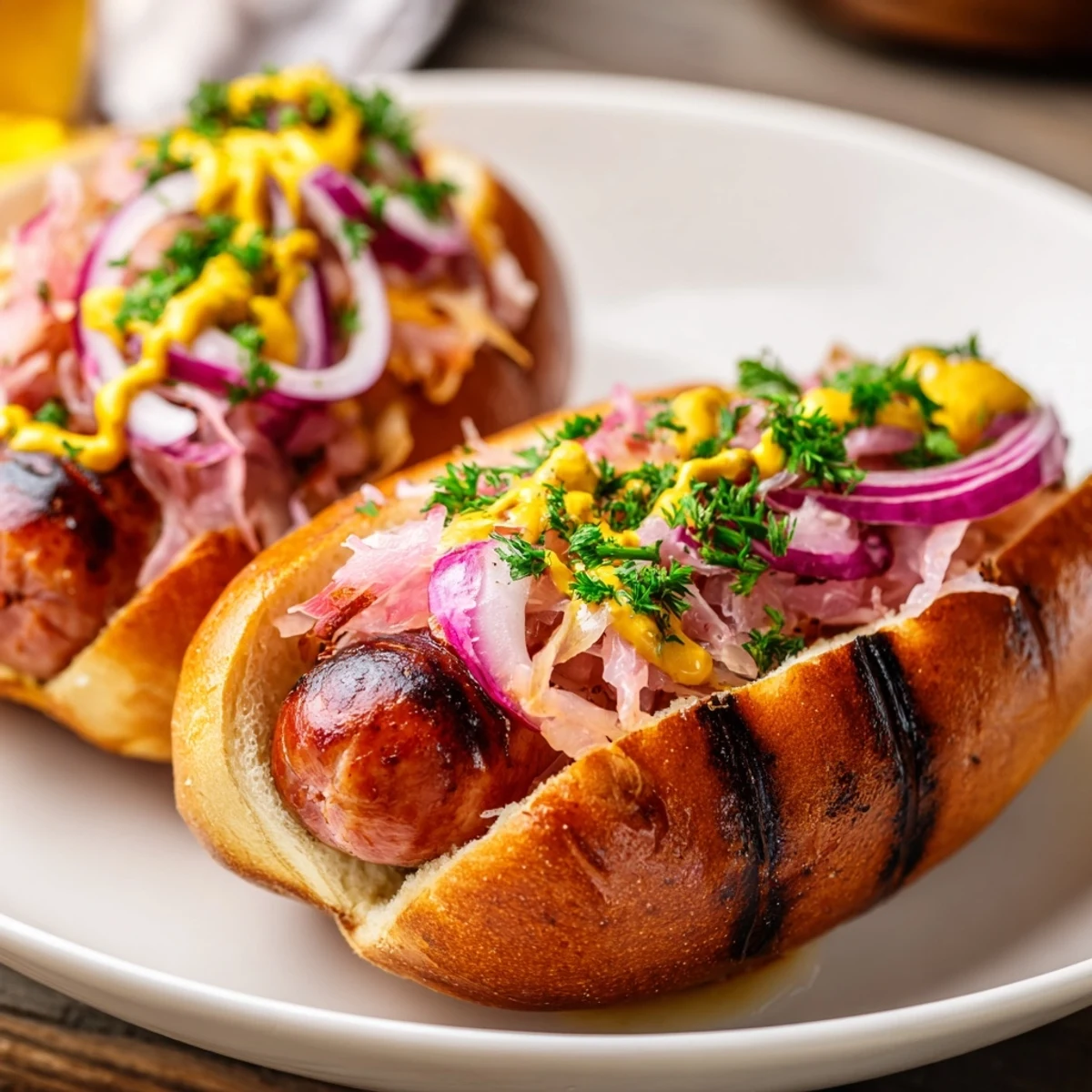 Sizzling beef bratwursts fresh off the grill, served in soft buns with a generous serving of sauerkraut.