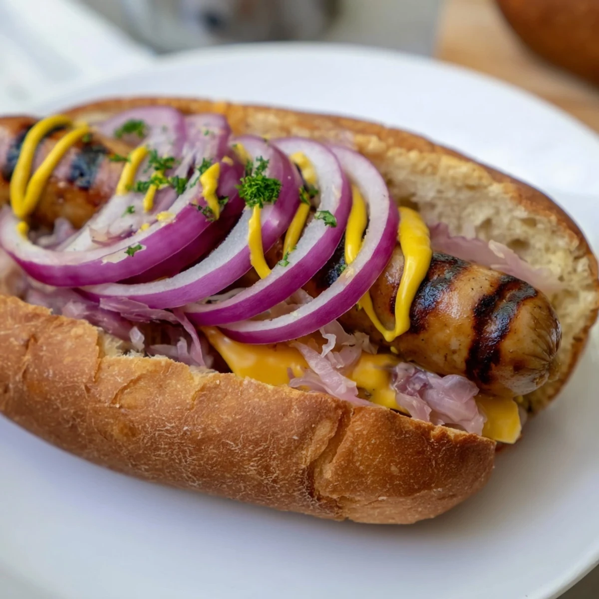 Close-up of a beef brat with sauerkraut in a toasted bun, garnished with fresh parsley and red onion slices.