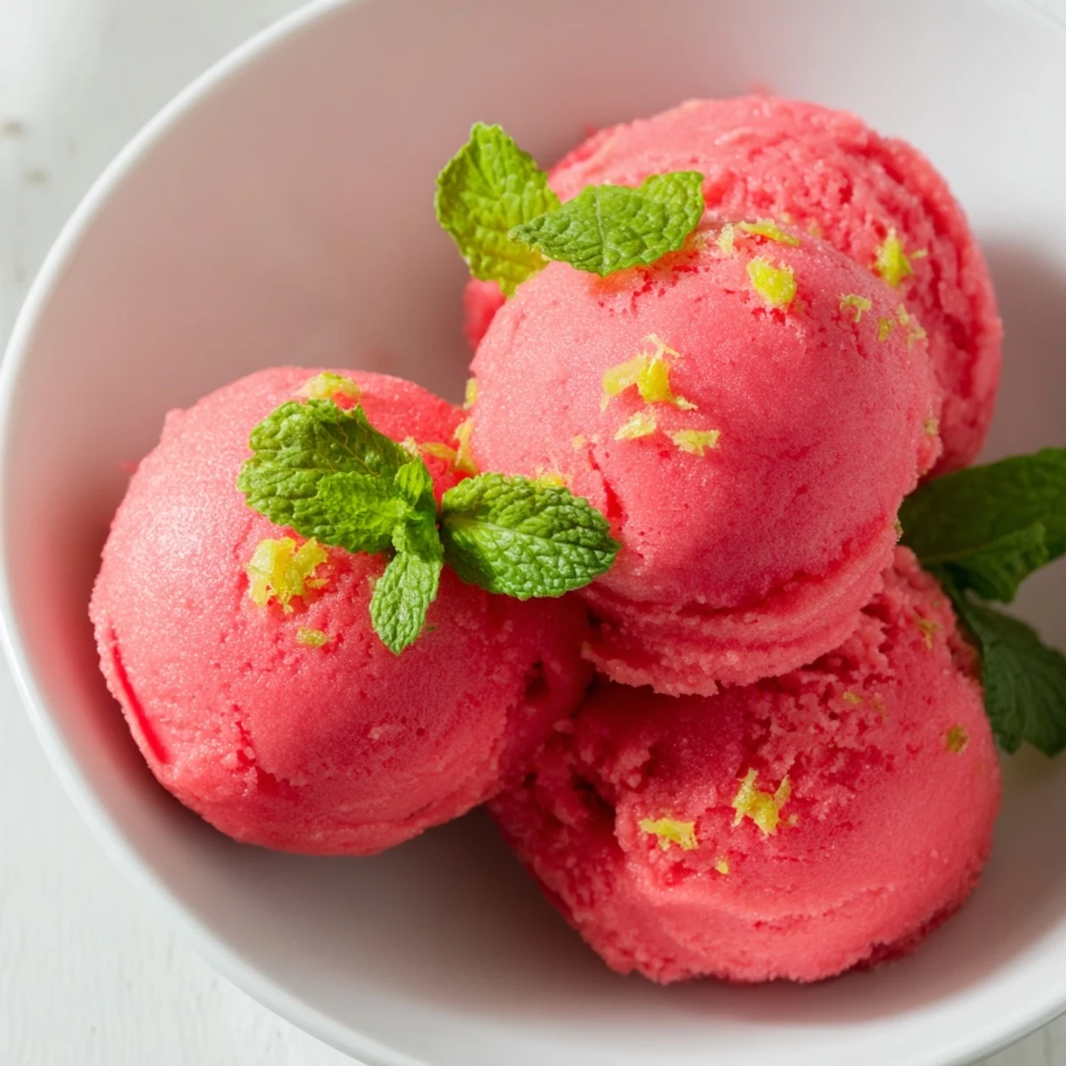 A scoop of pink lemonade sorbet with fresh mint in a clear glass bowl, garnished with mint leaves and lemon zest.