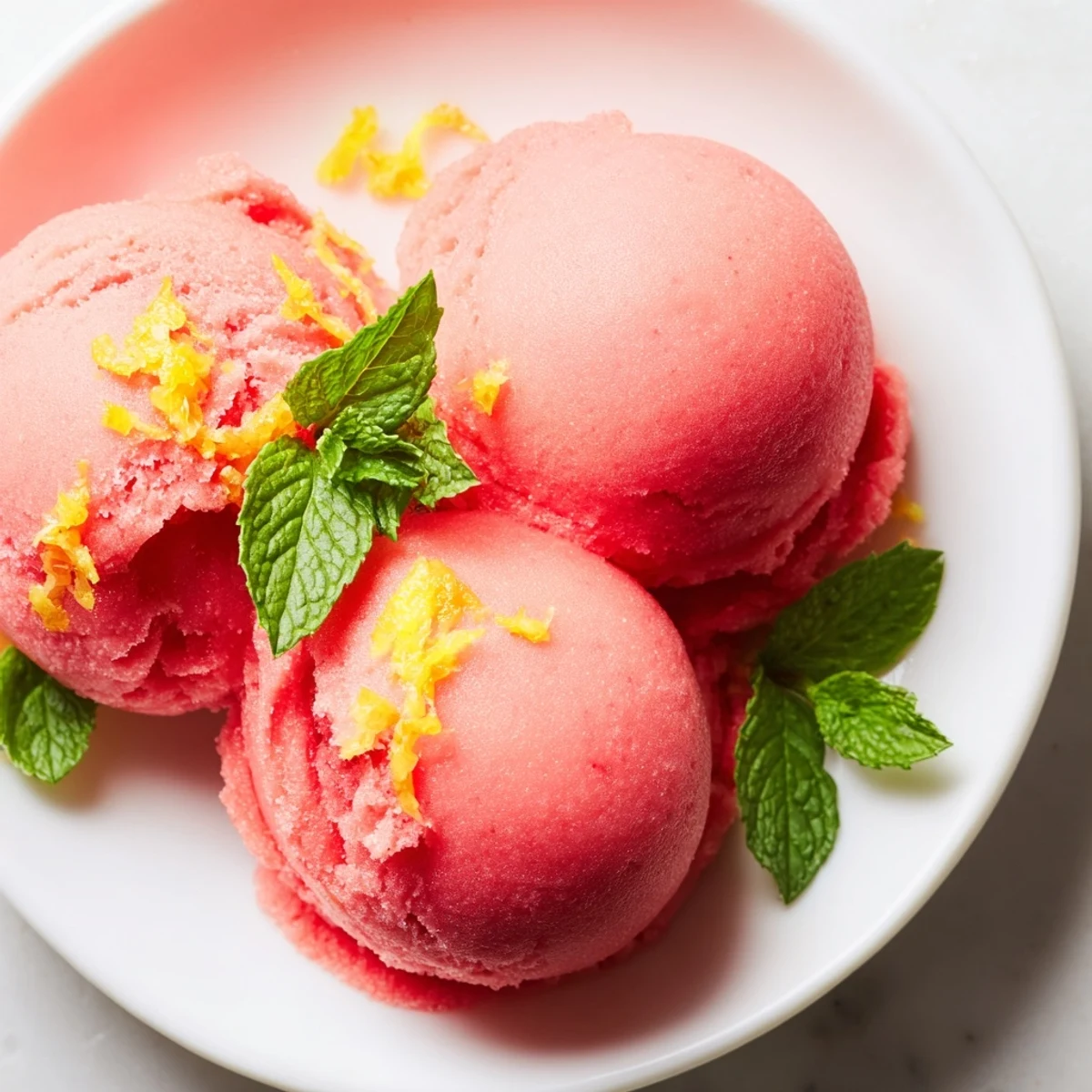 Vibrant pink lemonade sorbet in a chilled glass dish, topped with a sprig of fresh mint and lemon zest.