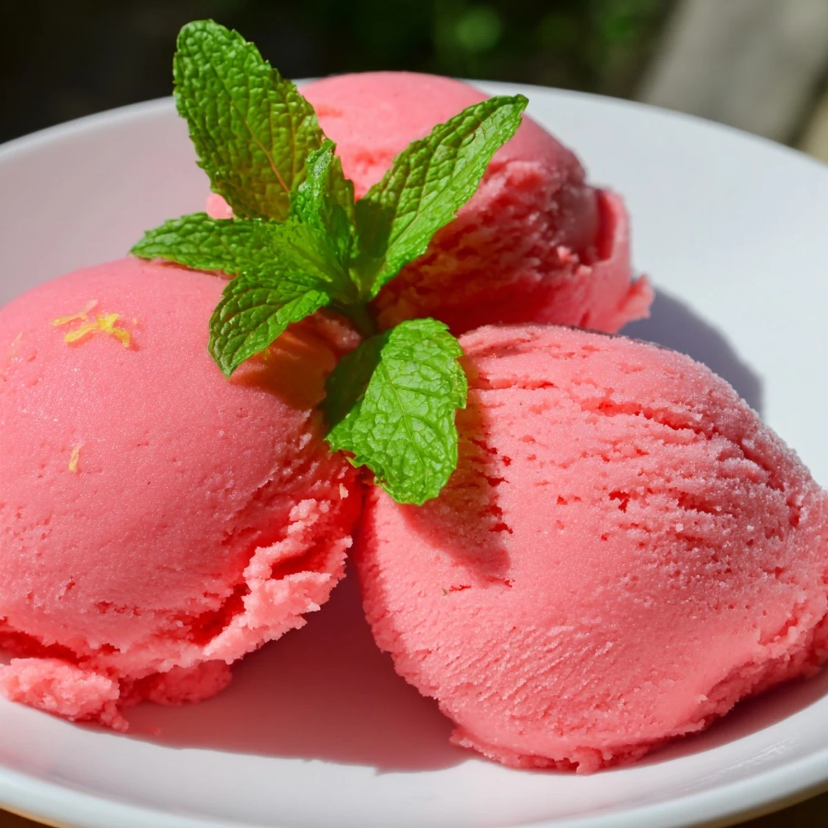 Homemade pink lemonade sorbet with fresh mint garnish in a serving bowl, ready for summer entertaining.