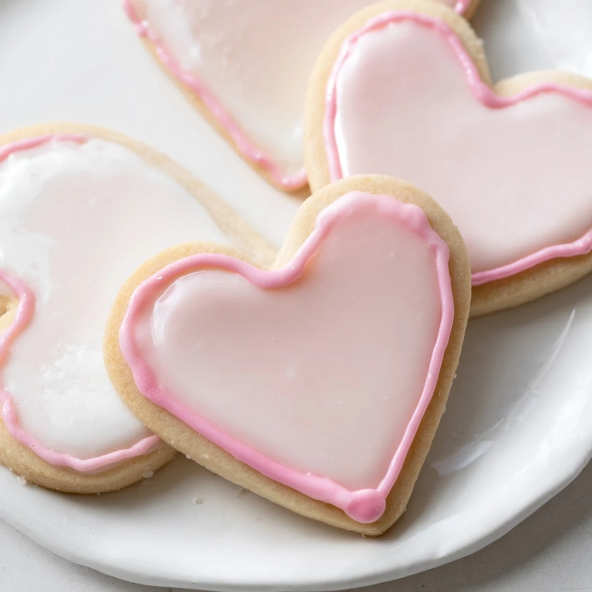 A plate of freshly baked Heart Shaped Sugar Cookies with Royal Icing, featuring crisp, glossy white icing and bright red accents for a festive look.