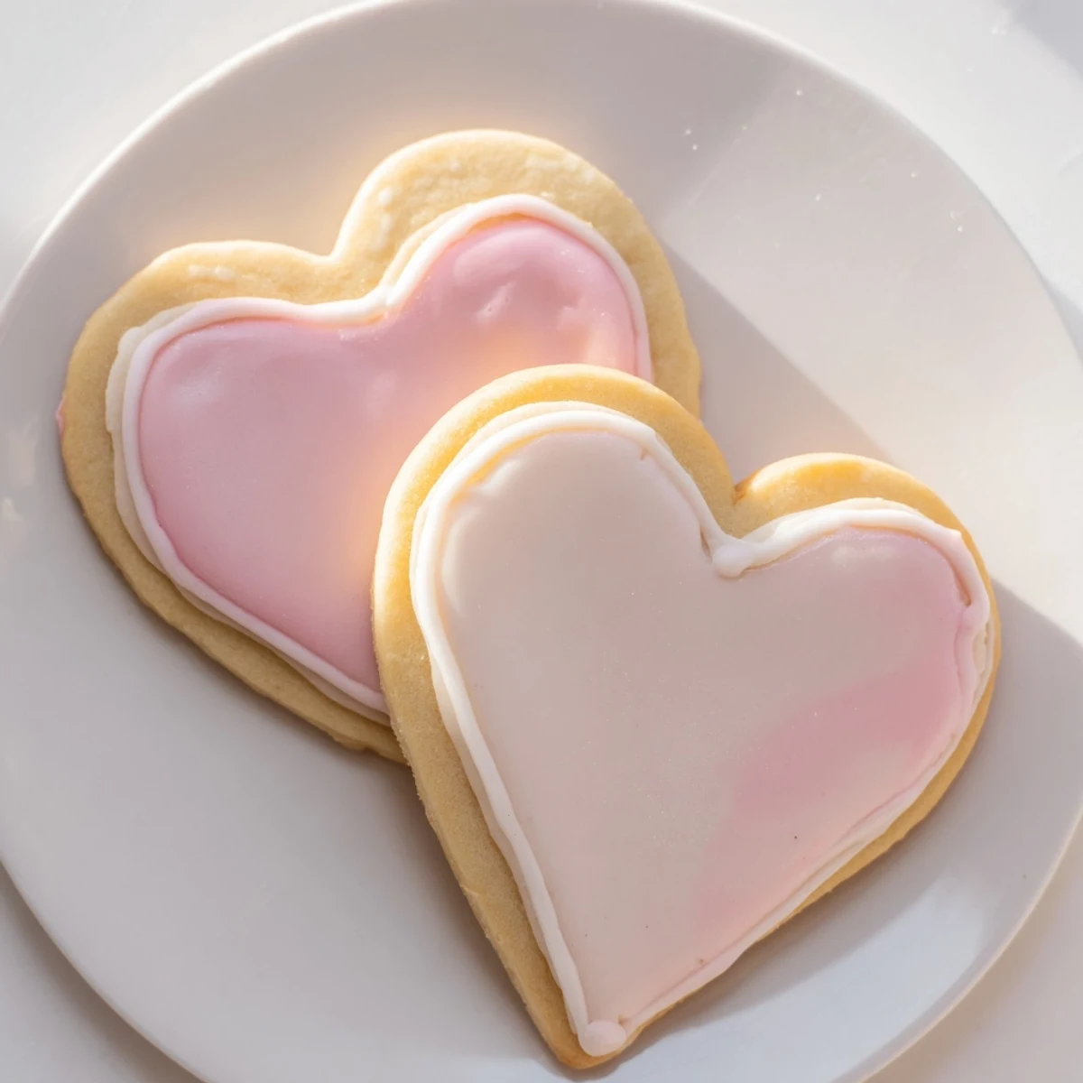 Golden Heart Shaped Sugar Cookies topped with delicate royal icing swirls, arranged on a white plate ready for a romantic Valentine's Day celebration.