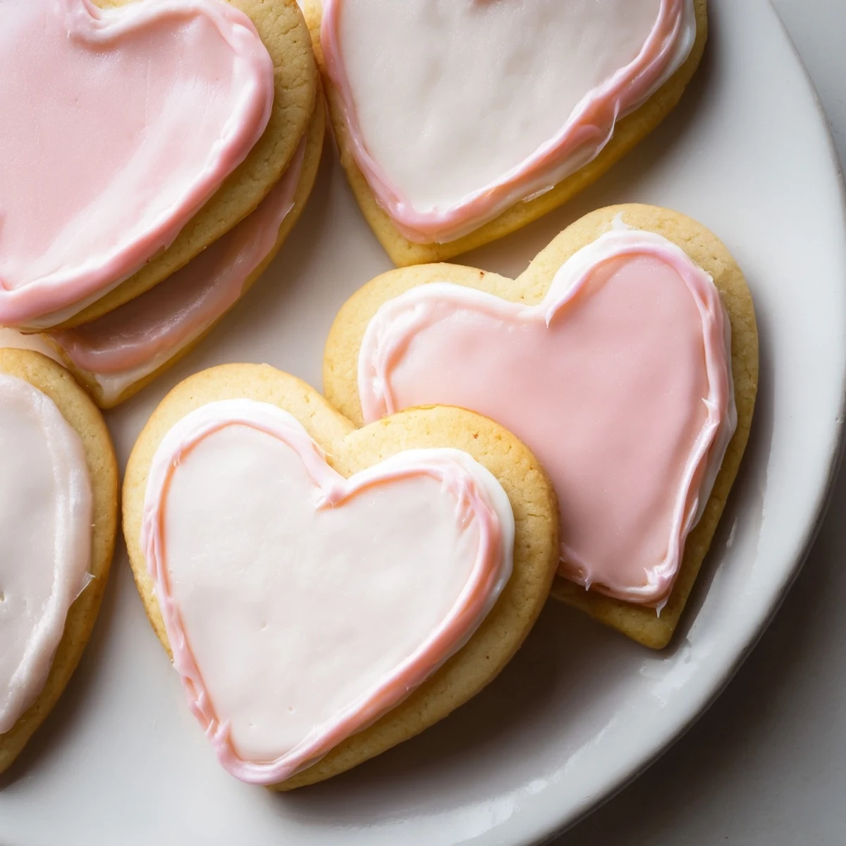 Close-up view of Heart Shaped Sugar Cookies with Royal Icing, highlighting the smooth, dry icing texture and classic buttery cookie edges on a baking sheet.