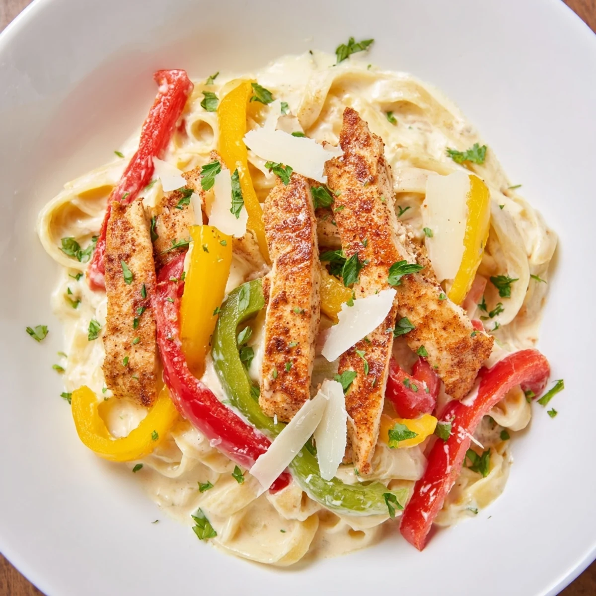 A close-up of creamy Cajun Chicken Alfredo with Bell Peppers twirled on a fork, showing juicy chicken strips and vibrant pepper slices.