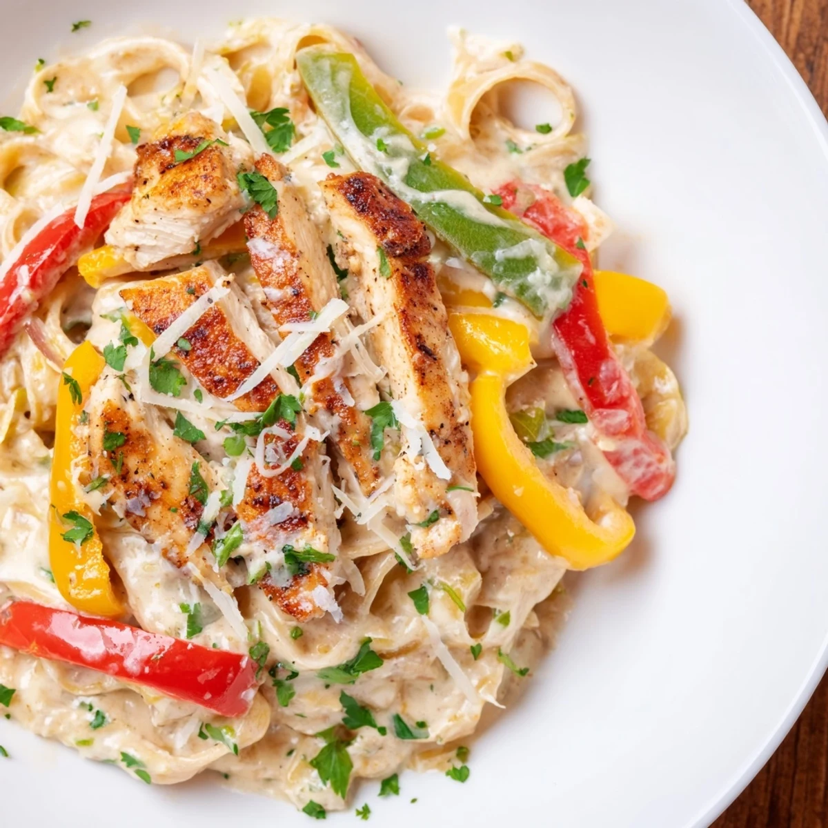 Hot Cajun Chicken Alfredo with Bell Peppers served in a skillet, garnished with fresh parsley and extra Parmesan for a comforting dinner.