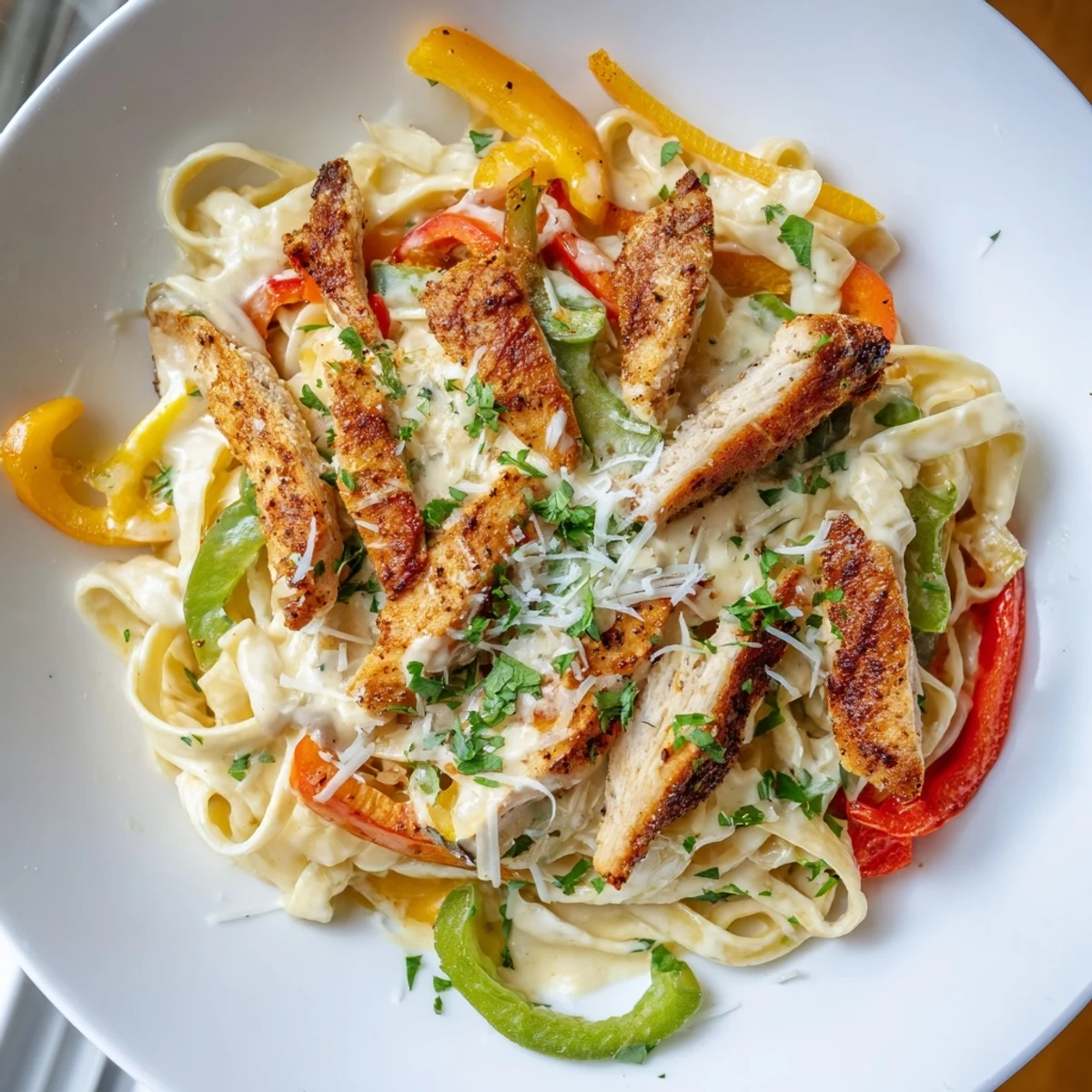 Sliced Cajun Chicken Alfredo with Bell Peppers on a plate, the rich white sauce glistening beside colorful bell peppers for a flavorful weeknight meal.