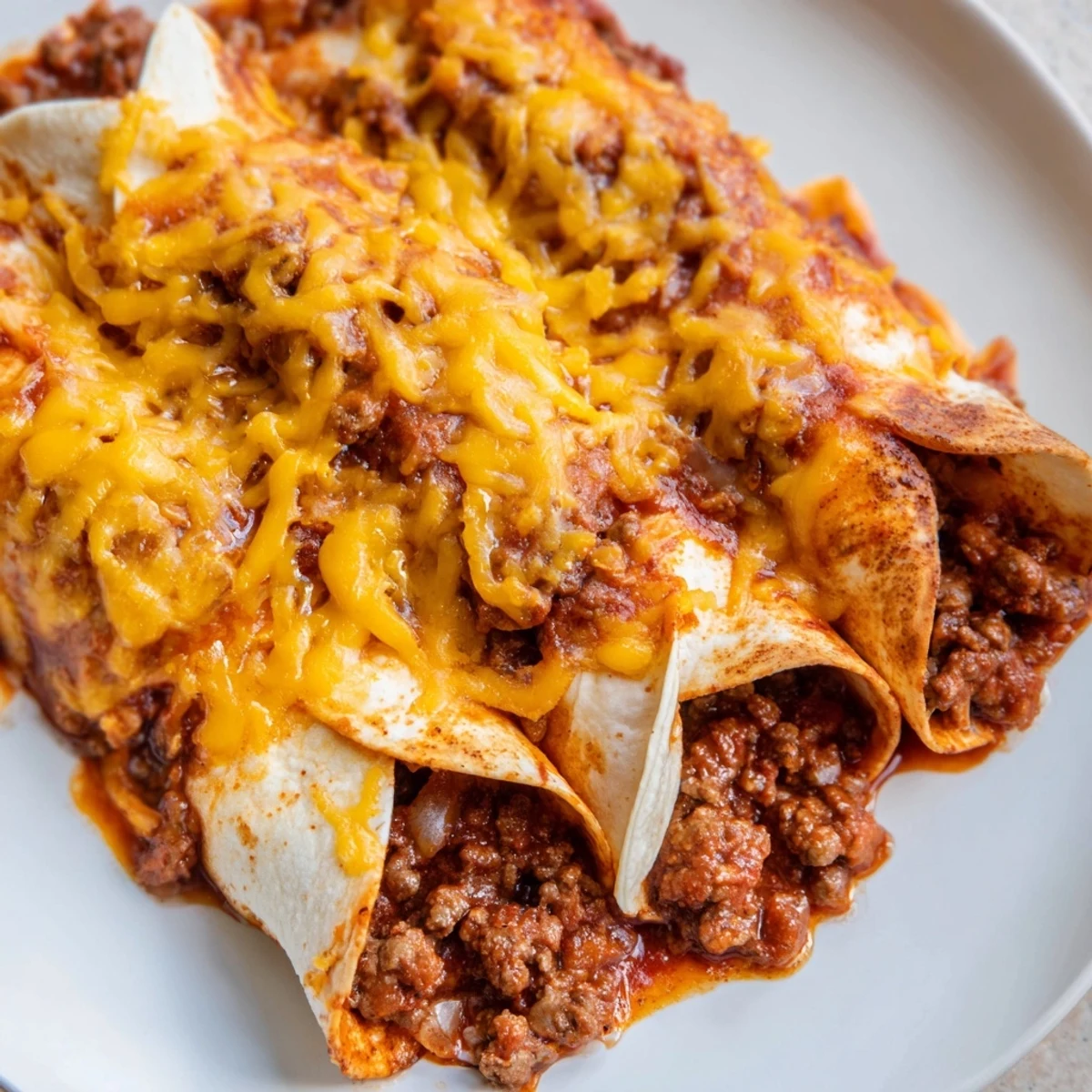 Tender ground beef filling wrapped in warm tortillas, smothered in a rich, homemade red enchilada sauce and gooey melted cheese.  