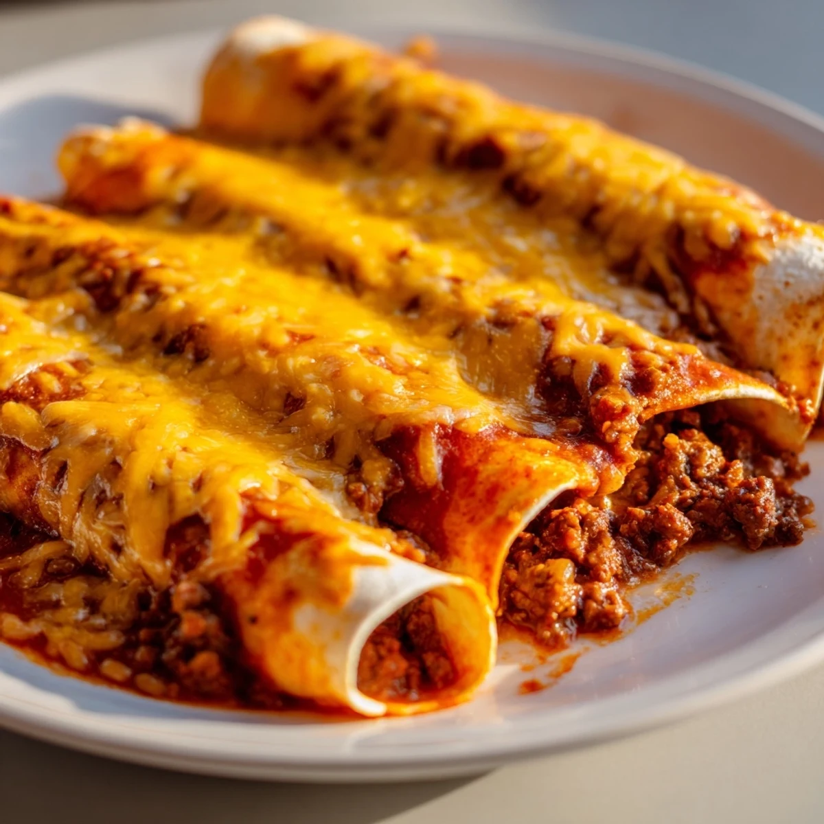 Freshly baked Beef Enchiladas with Red Sauce and Cheese garnished with cilantro, ready to serve with a dollop of sour cream.