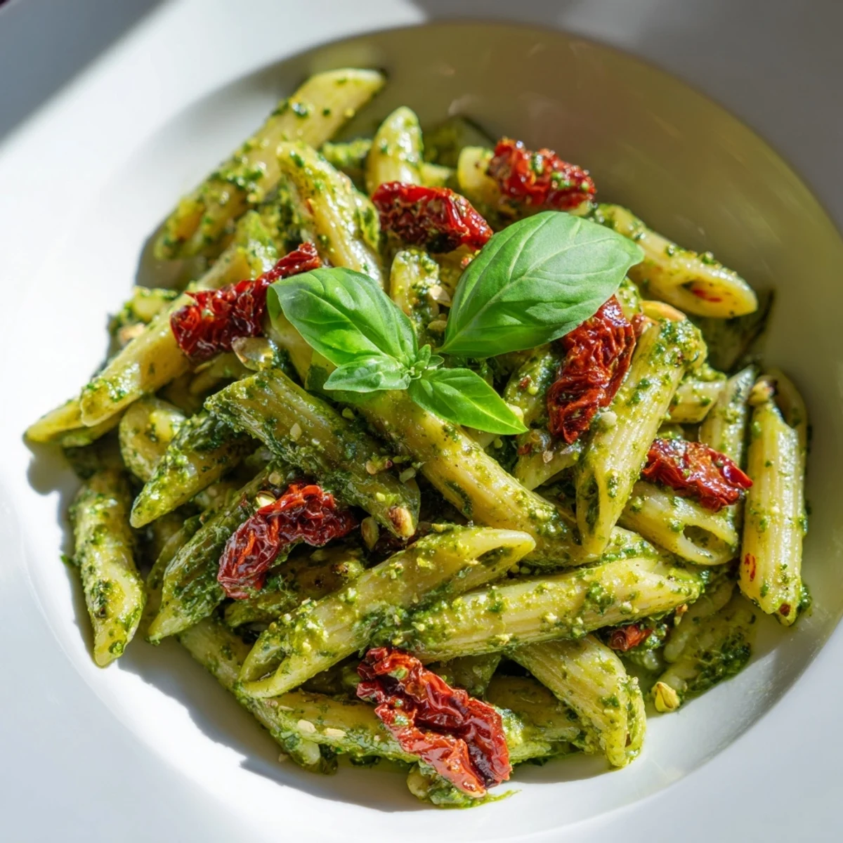 Green pesto pasta with sun-dried tomatoes is tossed in a creamy basil sauce and garnished with fresh leaves.  