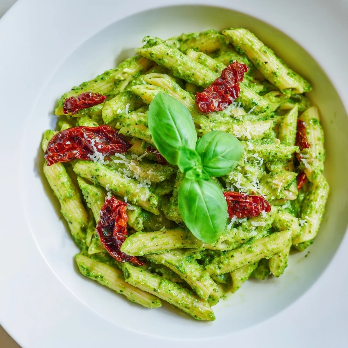 A vibrant plate of green pesto pasta with sun-dried tomatoes and shaved Parmesan for a quick, hearty meal.  