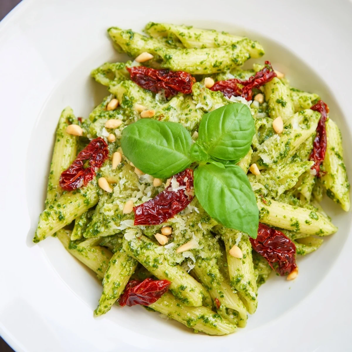 Close-up of green pesto pasta with sun-dried tomatoes and pine nuts, perfect for weeknight Italian dinner plans.