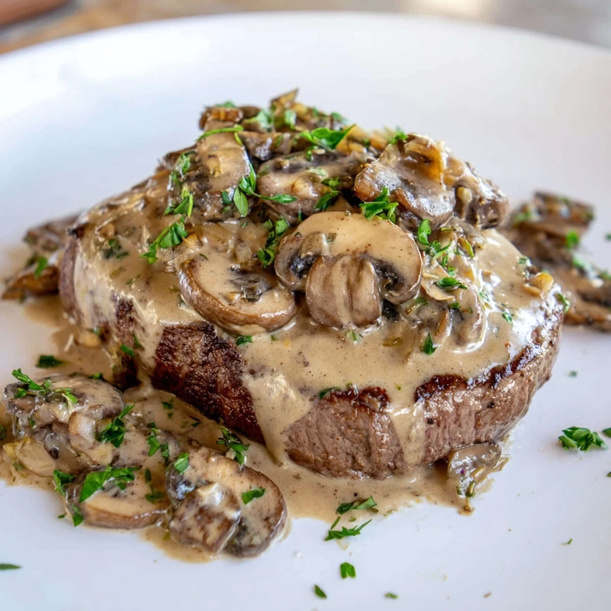 Tender beef topped with a savory, brandy-infused mushroom sauce for a classic American dinner.  