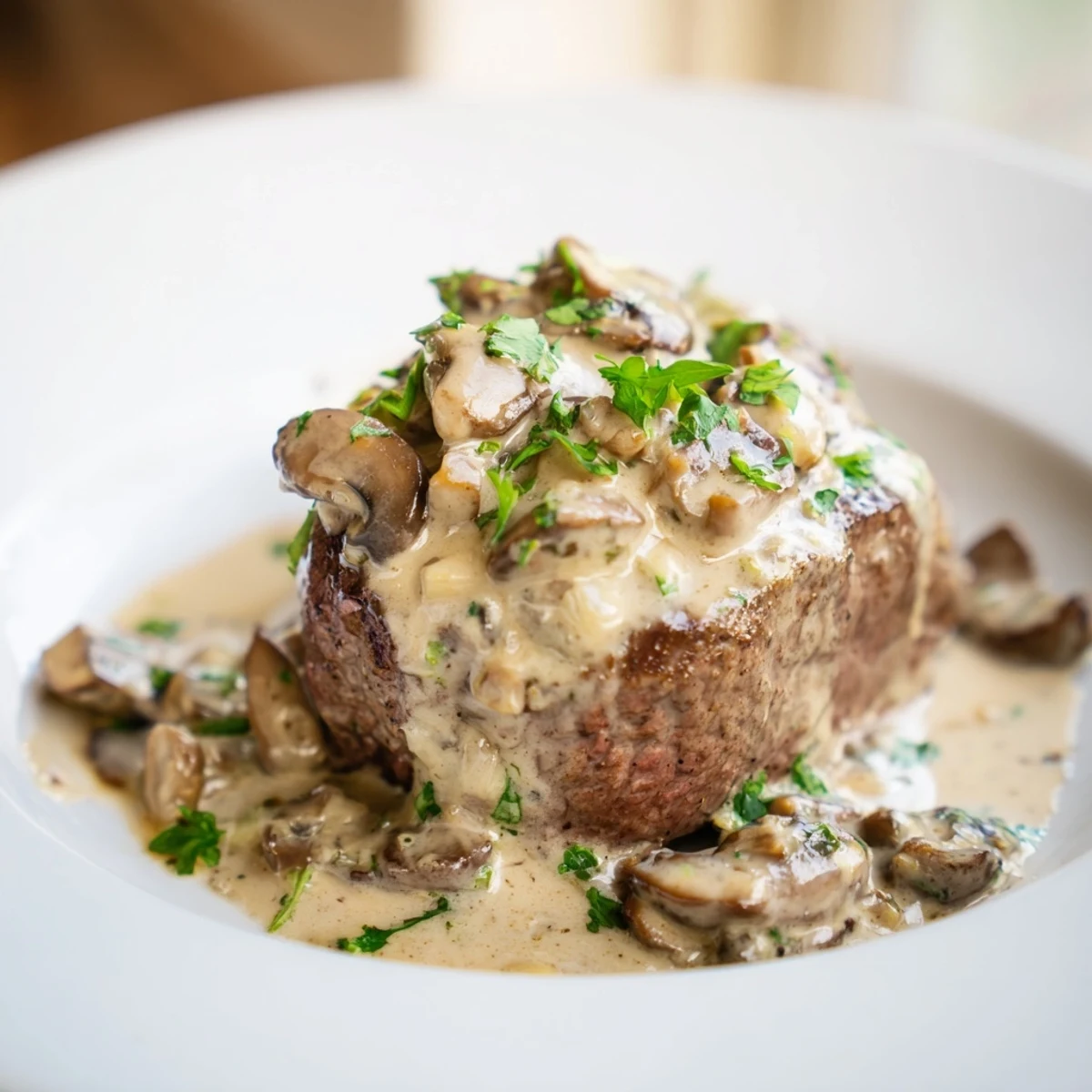 Golden-seared Steak Diane rests under a drizzle of rich, creamy mushroom sauce in a rustic skillet.  