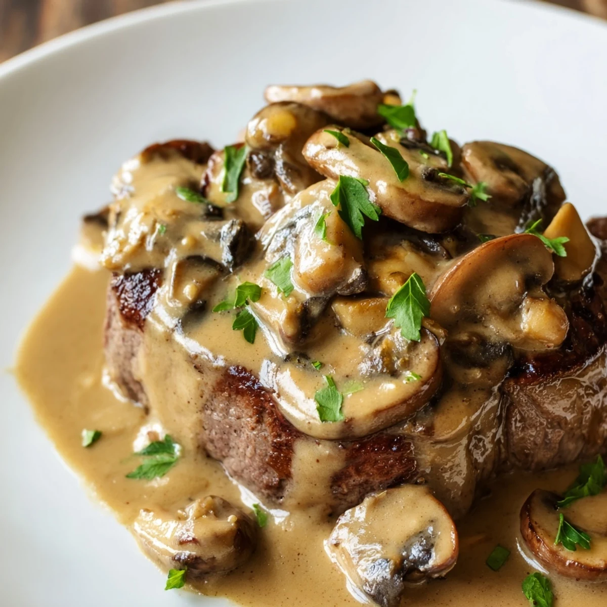 Sizzling Steak Diane with garlicky mushrooms and parsley garnish, ready to serve with roasted potatoes.
