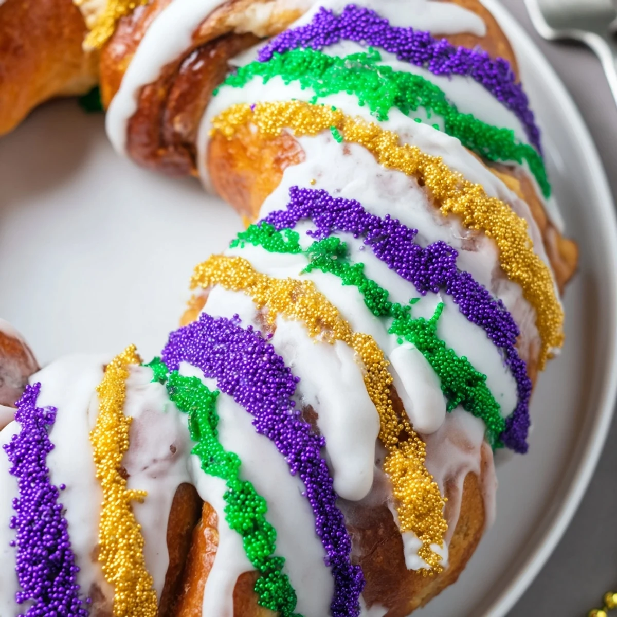 A sliced Mardi Gras King Cake with cinnamon swirl filling and purple, green, and gold sugar toppings, served on a festive platter.  