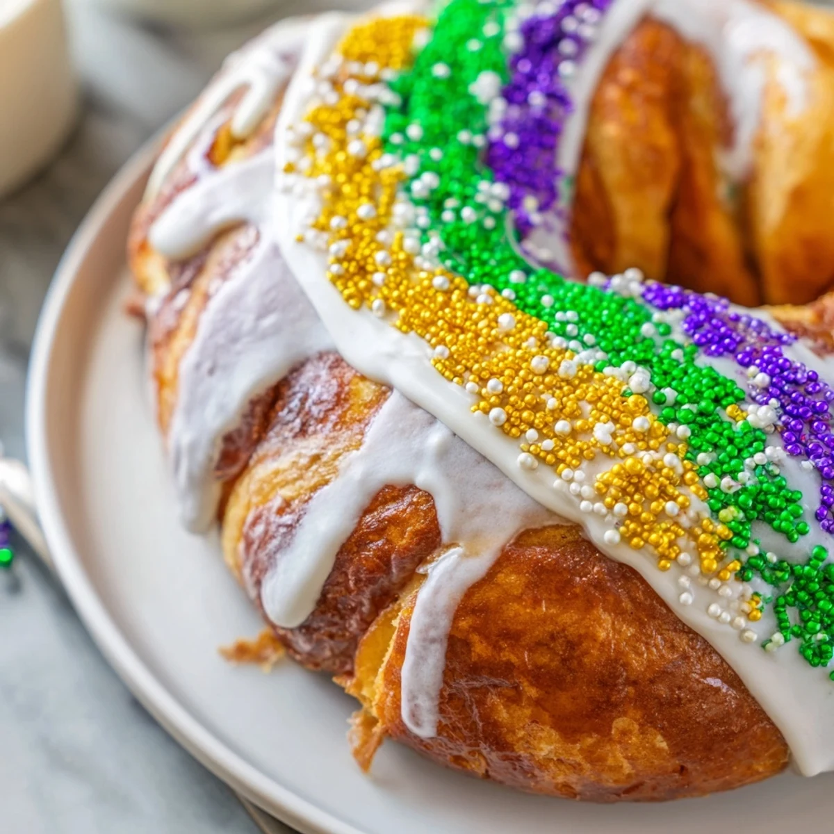 Colorful Mardi Gras King Cake with icing drizzle and festive sugars, perfect for a Carnival season celebration.
