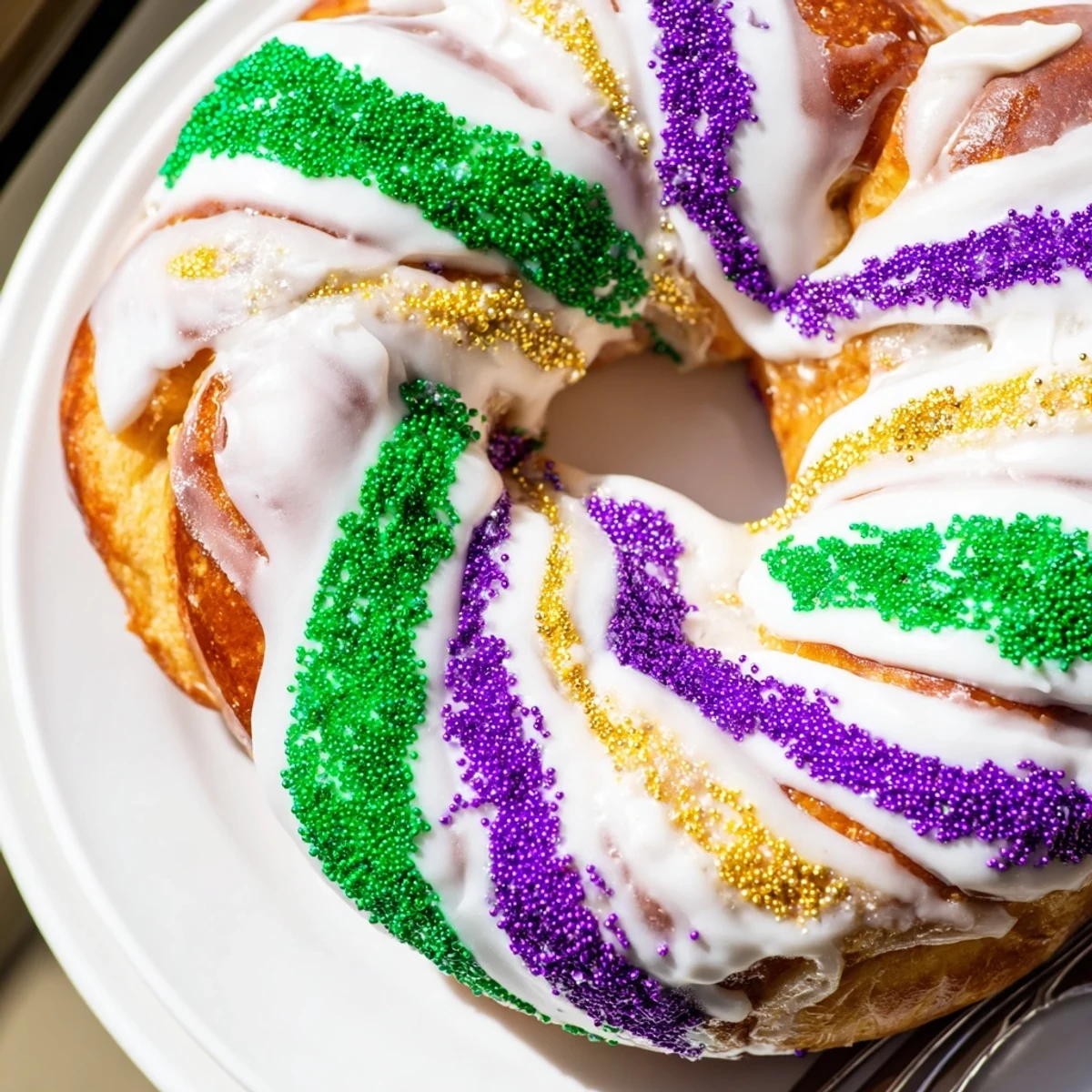 Freshly baked Mardi Gras King Cake showing a soft, braided brioche texture and gooey cinnamon swirl inside.  
