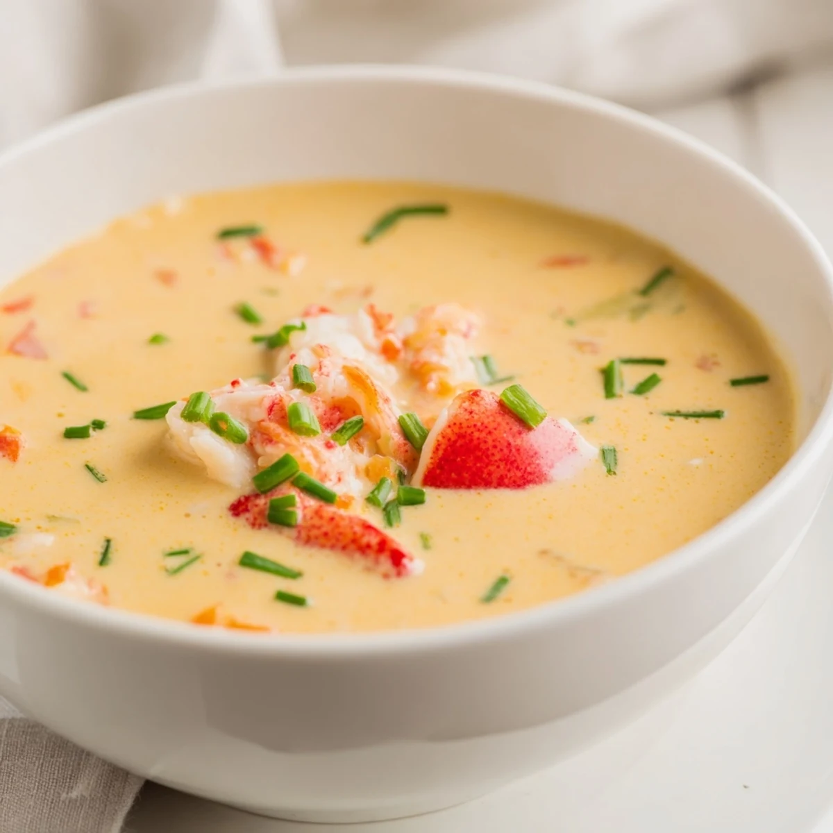 Creamy Lobster Bisque with Sherry Vinegar Substitute served in a white bowl, garnished with fresh chives and tender lobster chunks.