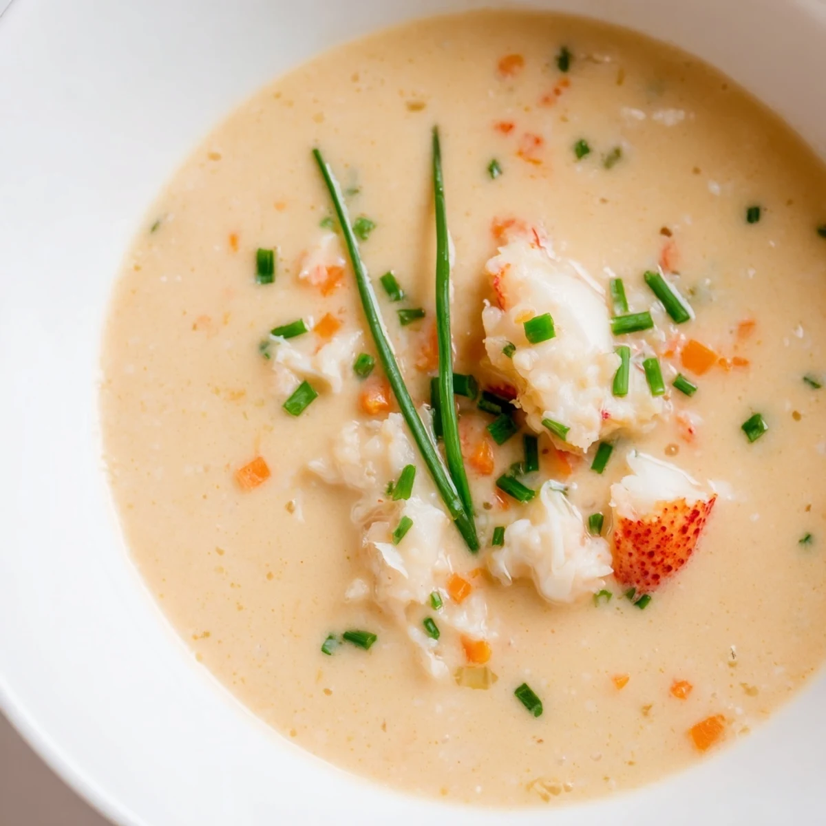 Elegant Creamy Lobster Bisque with Sherry Vinegar Substitute, rich and velvety, ready to be enjoyed with a chilled glass of Chardonnay.