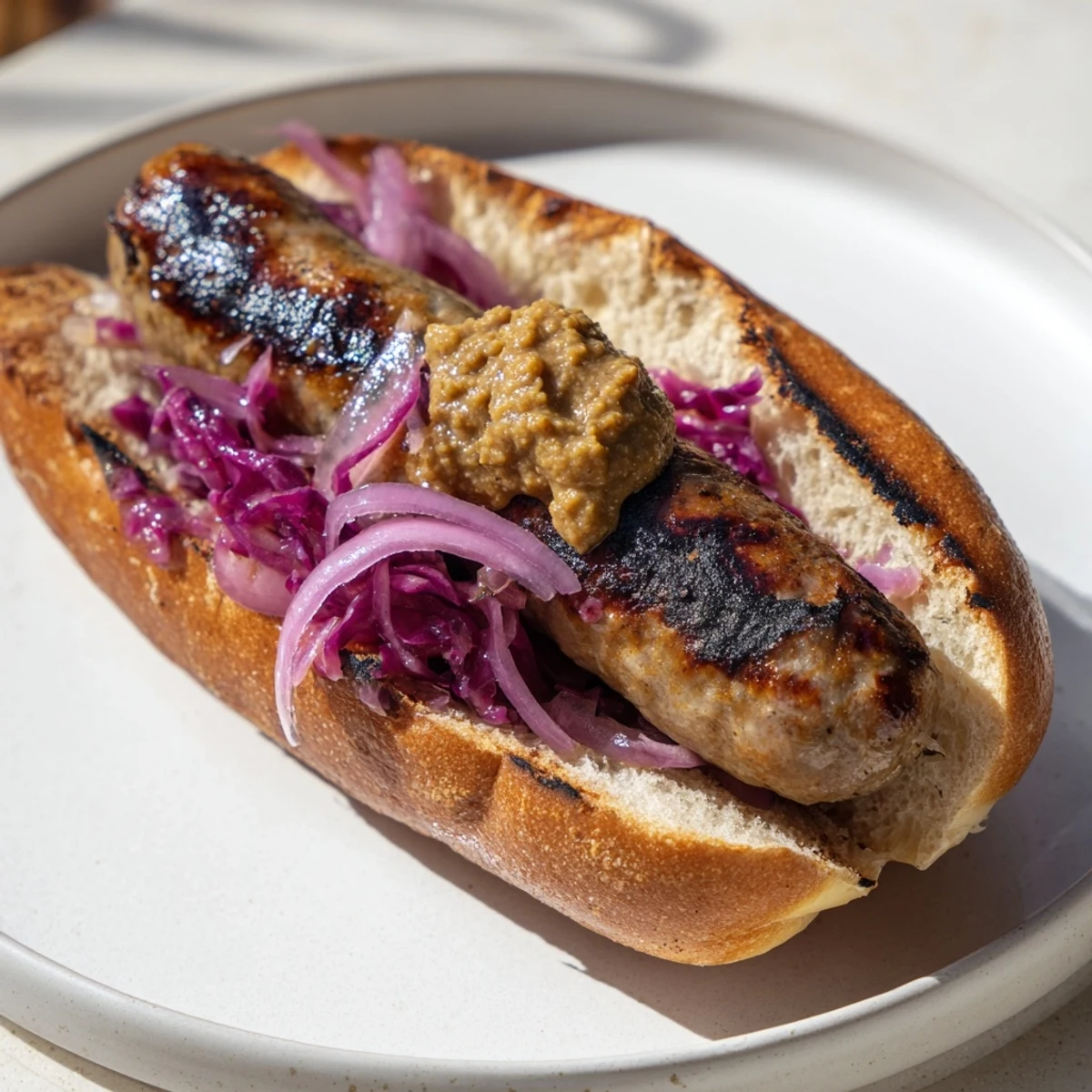 Golden grilled beef brats with sauerkraut and mustard on a rustic plate, ready to be enjoyed at a summer barbecue.
