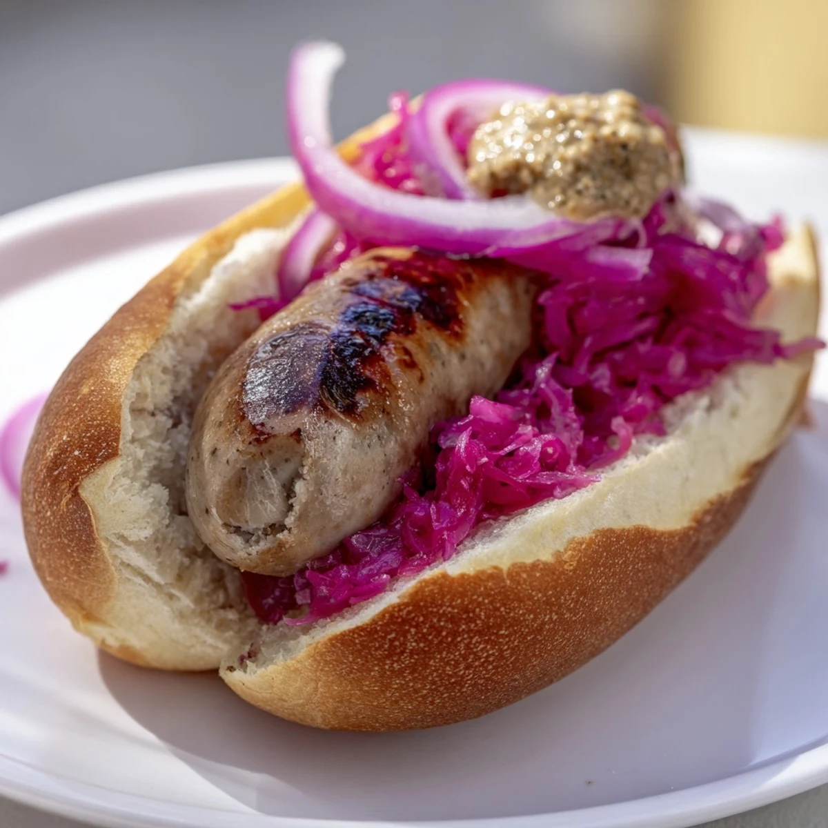 Savory grilled beef brats topped with crisp sauerkraut and mustard, served fresh in a soft toasted bun for a hearty meal.