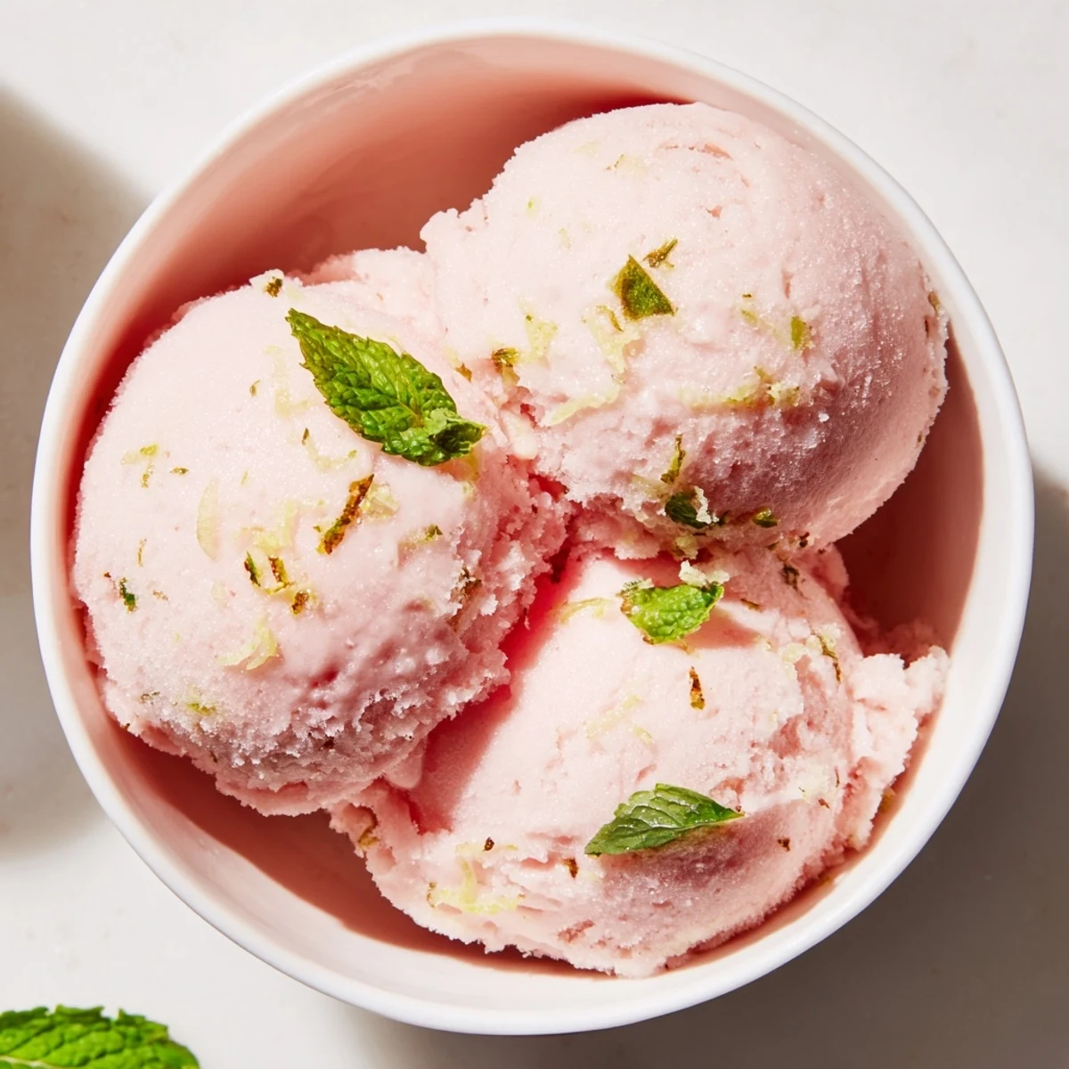 A bowl of vibrant Pink Lemonade Sorbet with Fresh Mint Leaves glistening in the sunlight, scoops of pink icy dessert garnished with fresh mint sprigs.