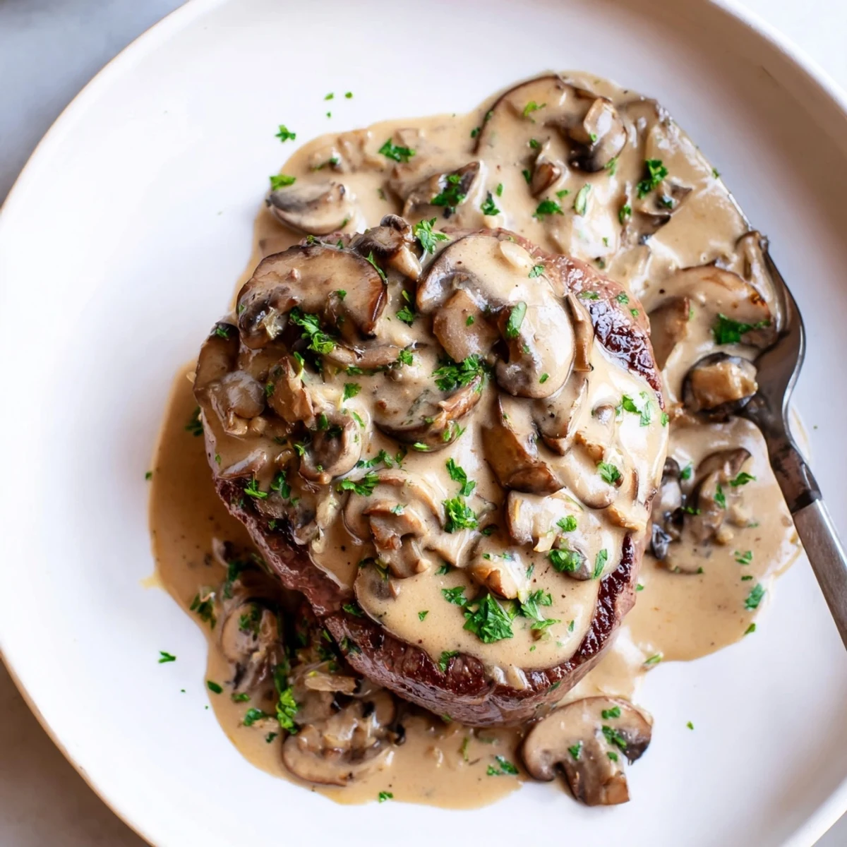 Golden-seared Steak Diane with creamy mushroom sauce served beside a white ceramic plate.  