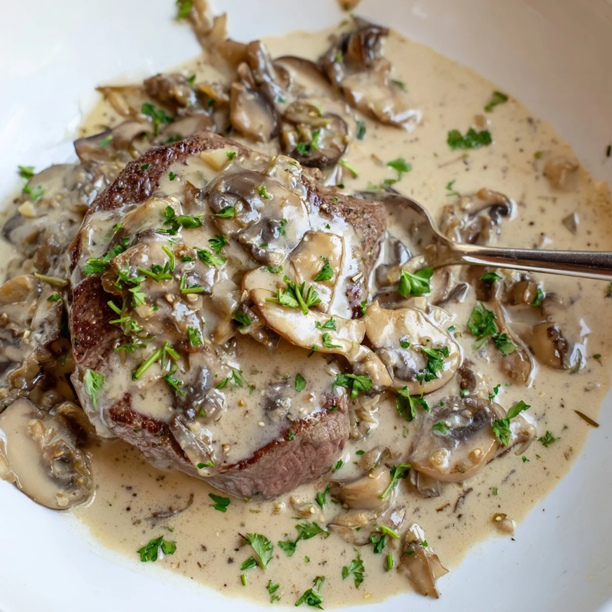 Steak Diane with Creamy Mushroom Sauce presented with seared beef and rich, glossy sauce.  