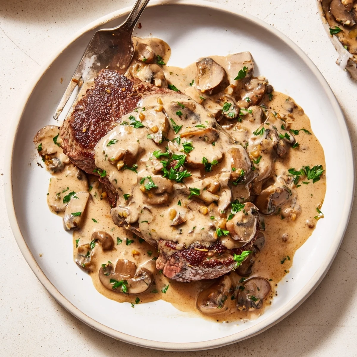 Close-up of Steak Diane with mushrooms and parsley, highlighting tender beef and sauce.